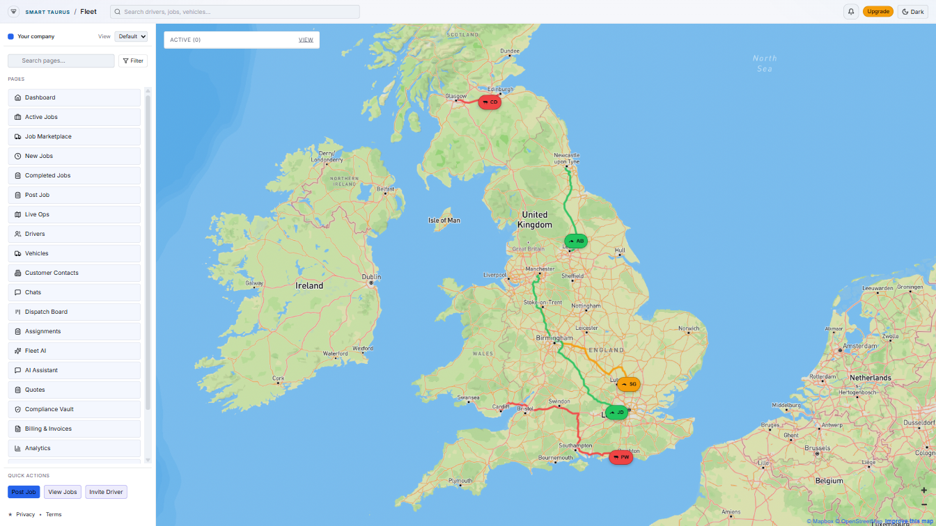 Smart Strix fleet dashboard showing jobs, drivers, and live ops