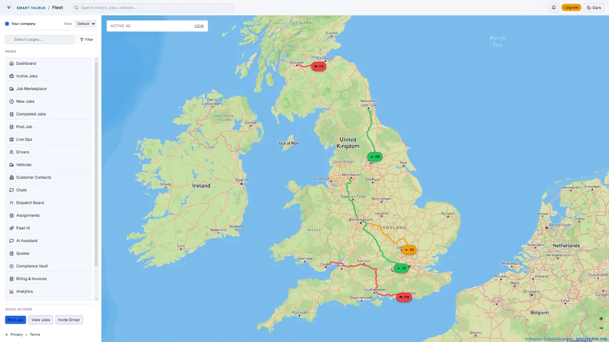 Smart Strix fleet dashboard showing jobs, drivers, and live ops